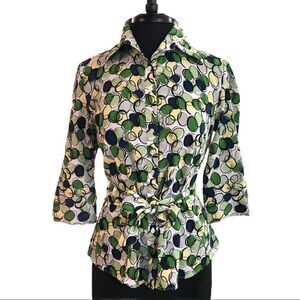 Tailor B Moss Retro Bubble Print Tie Waist Blouse Sz M 70s Style Top